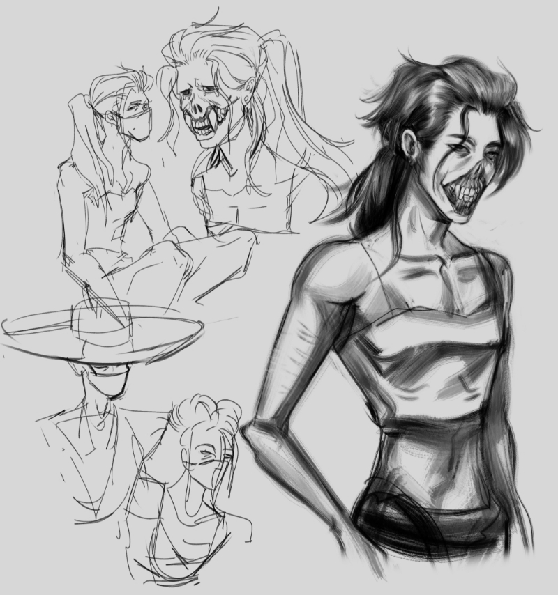 Various sketches of the Director, an androgynous humanoid with long black hair. They lack a nose and lips, exposing their nostrils and large fangs. A more detailed render of them standing in a tube top is on the right.